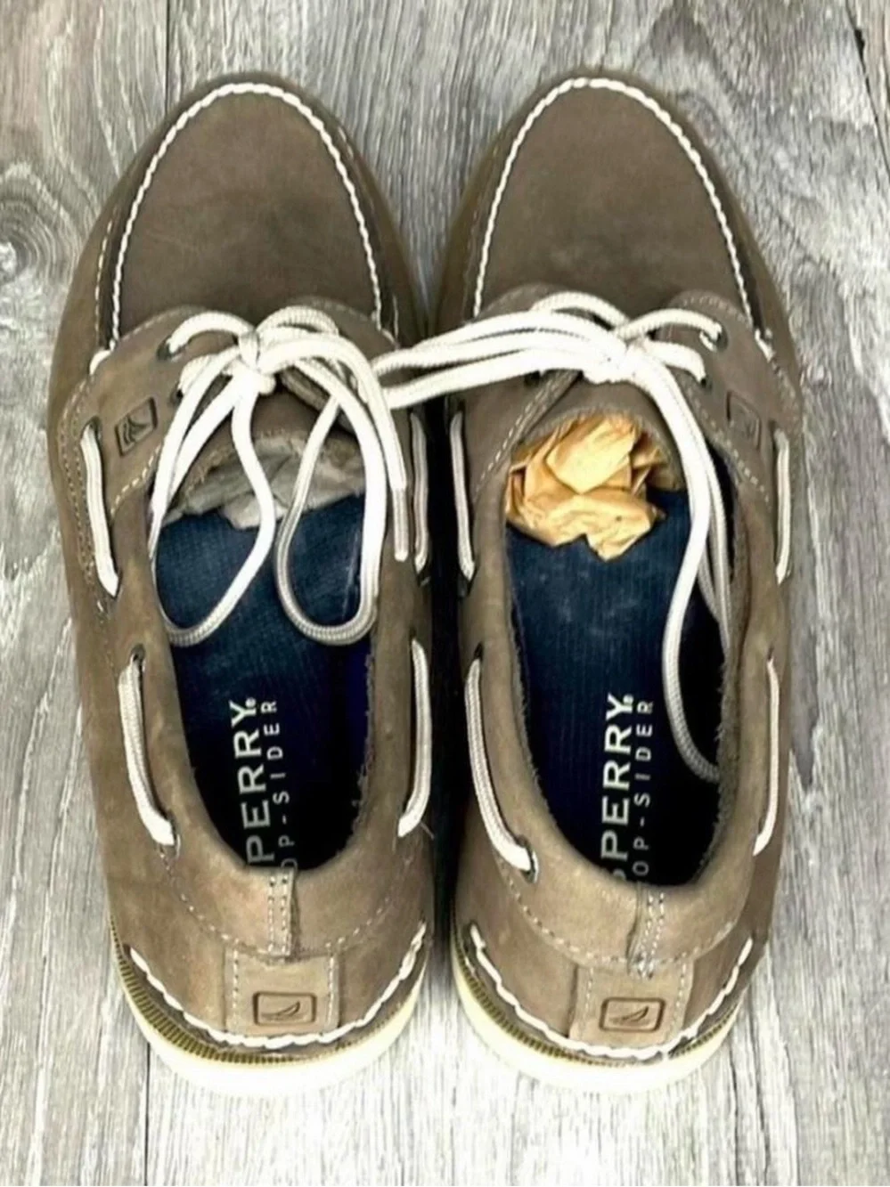 Sperry Men's Suede Boat Shoes in Taupe with White Laces